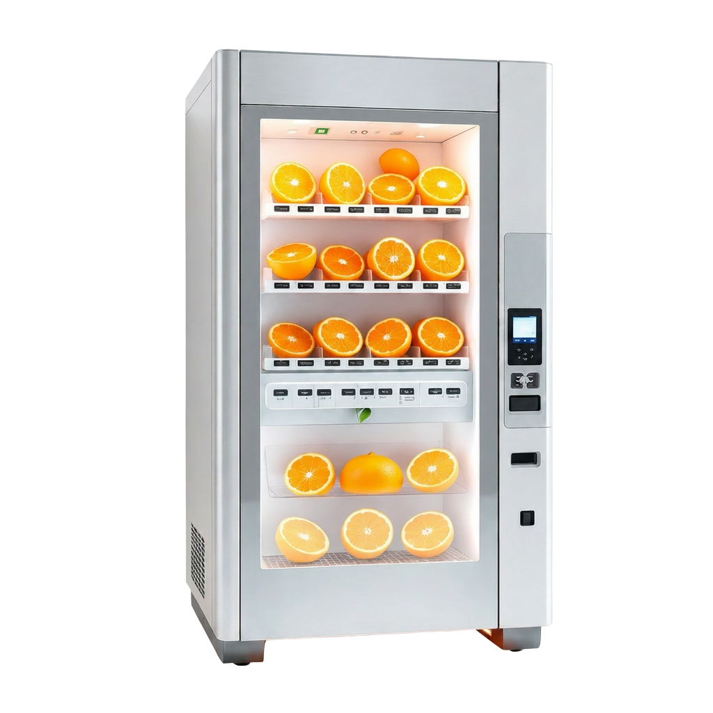 A sleek modern orange juice vending machine with glass front showing fresh oranges inside